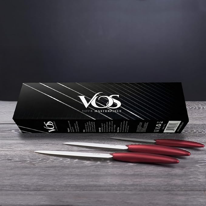 Vos Ceramic Knife with Peeler, Knives Set For Kitchen, Ultra Sharp Kitchen Knife Set with Covers, 4" 5" 6" 7" 8" Paring, Chef Knife, Santoku & 2 more, Lightweight, Dishwasher safe (Red)