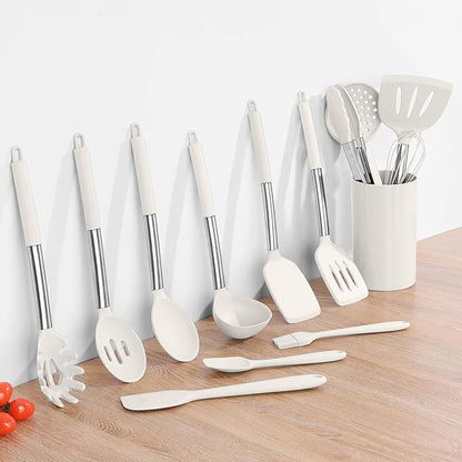 Onader Silicone Kitchen Utensils Set, 15pcs White Silicone Cooking Utensils Set with Holder, Includes Heat Resistant Spatula Turner Spoon Whisk Tong - Image 8