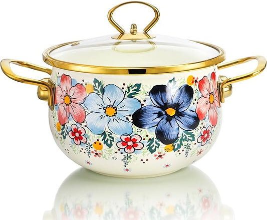 SOUJOY 3 Quart Enamel Cooking Pot with Glass Lid, Non-Stick Soup Pot with Handle, Vintage Floral Bean Stew Simmer Pot for Kitchen, Induction & Gas Stove Safe, Mother's Day, Wedding, Christmas Gift by SOUJOY