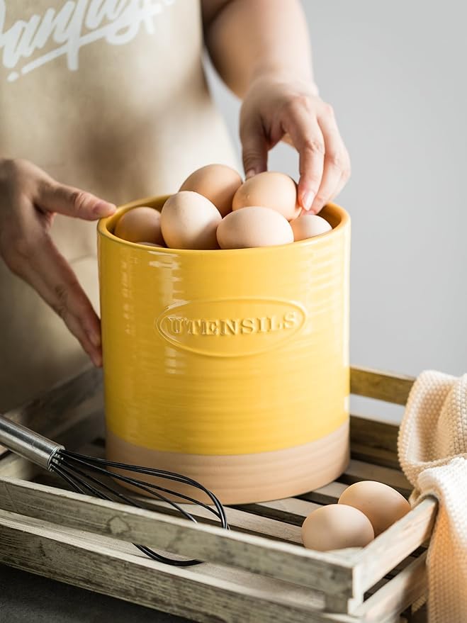 YHOSSEUN Kitchen Utensil Holder Set of 2, Ceramic Utensil Holder for Kitchen Counter, 6.7"+5.1" Cooking Utensil Crocks for Spatula, Oval Opening, Yellow - Image 3