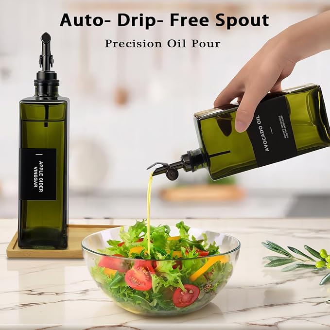 Olive Oil Dispenser Bottle for Kitchen with Bamboo Tray- 16.9oz Glass Oil and Vinegar Dispenser Set, Soy Sauce & Syrup Bottle, Modern Hostess Gift (Green, Set of 2) - Image 4