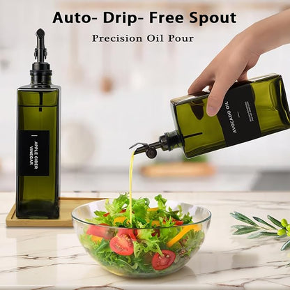 Olive Oil Dispenser Bottle for Kitchen with Bamboo Tray- 16.9oz Glass Oil and Vinegar Dispenser Set, Soy Sauce & Syrup Bottle, Modern Hostess Gift (Green, Set of 2) - Image 4