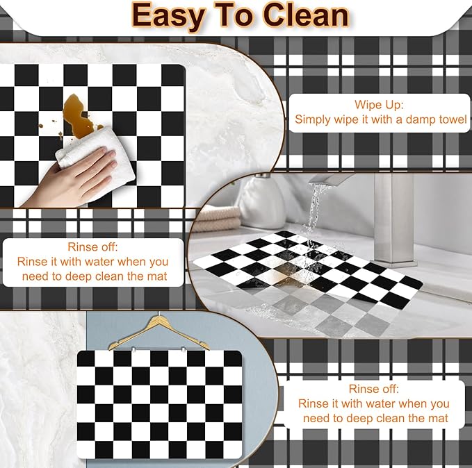 BLESWIN Dish Drying Mat for Kitchen, 15.7’’ X 17.7’’ Coffee Bar Mats for Countertop Fit Under Coffee Maker, Hide Stain Rubber Backed Espresso Machine Absorbent Drying Pad, Black & White