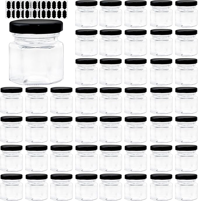 1.5 OZ Mini Hexagon Glass Jars, 48 Pack Empty Honey Jars Small Spice Jars with Black Lids and 50pcs Labels for Jam, Homemade Projects, Gifts, Wedding Party Favors