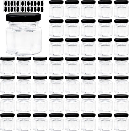 1.5 OZ Mini Hexagon Glass Jars, 48 Pack Empty Honey Jars Small Spice Jars with Black Lids and 50pcs Labels for Jam, Homemade Projects, Gifts, Wedding Party Favors