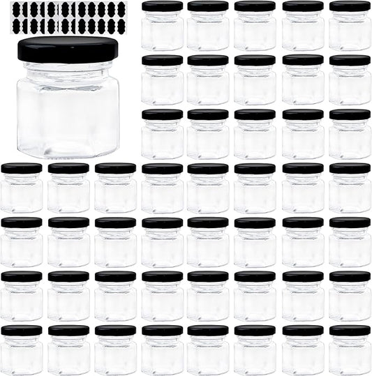 1.5 OZ Mini Hexagon Glass Jars, 48 Pack Empty Honey Jars Small Spice Jars with Black Lids and 50pcs Labels for Jam, Homemade Projects, Gifts, Wedding Party Favors