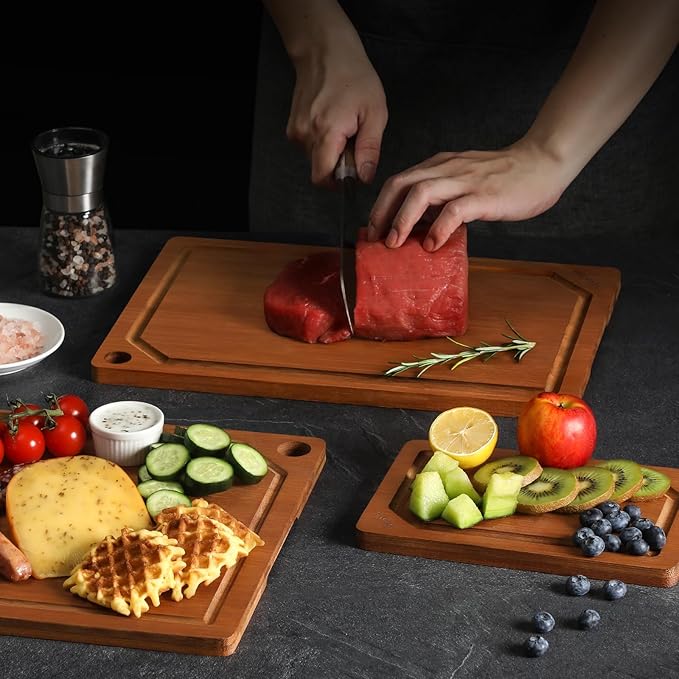 Hiware 4 Pieces Extra Large Wooden Cutting Boards Set- Bamboo Cutting Boards for Kitchen Meal Prep & Serving, Cutting Board with Deep Juice Groove & Built-in Handles, Charcuterie & Chopping Board - Image 9