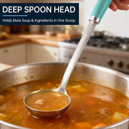 Safring Stainless Steel Soup Ladle and Spaghetti Spoon Set, Heat Resistant Rubber Handle, Dishwasher Safe, Kitchen Utensils for Cooking, Stirring, Serving Pasta, Soup & Sauce (Aqua Sky) - Image 5