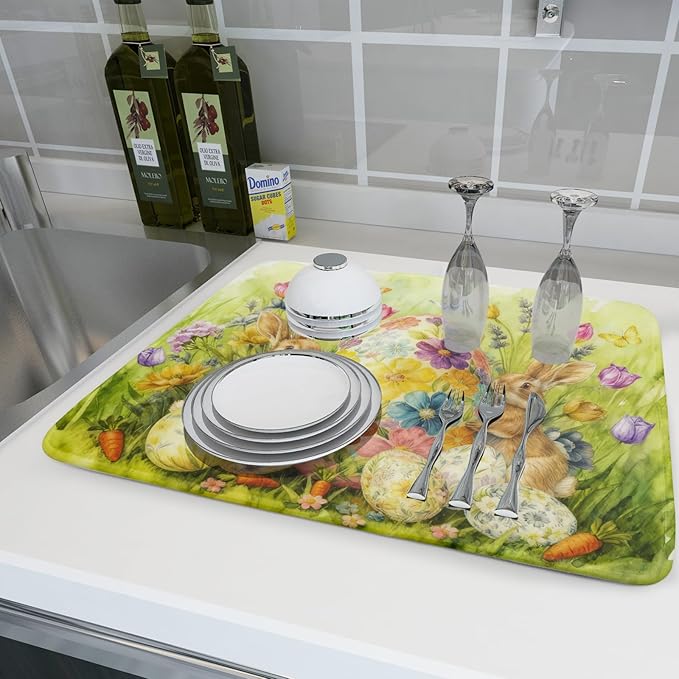Easter Egg Dish Drying Mat 18x24 Inch Bunny Floral Green Drying Pad for Kitchen Counter Washable - Image 6