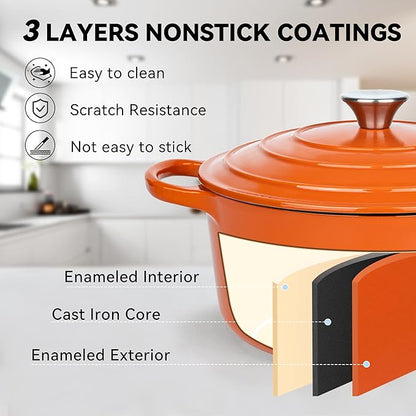 Miereirl 6 Quart Enameled Dutch Oven Pot with Lid, Cast Iron Dutch Oven with Dual Handles for Bread Baking, Cooking, Non-stick Enamel Coated Cookware (Orange)