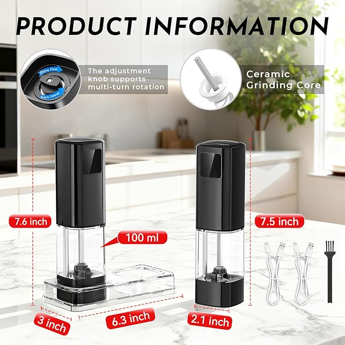 Upgraded Larger Capacity Electric Salt and Pepper Grinder Set Rechargeable with Digital Display, Refillable Electric Pepper Grinder Mill Set with Light & Ceramic Core, Adjustable Coarseness - Image 7