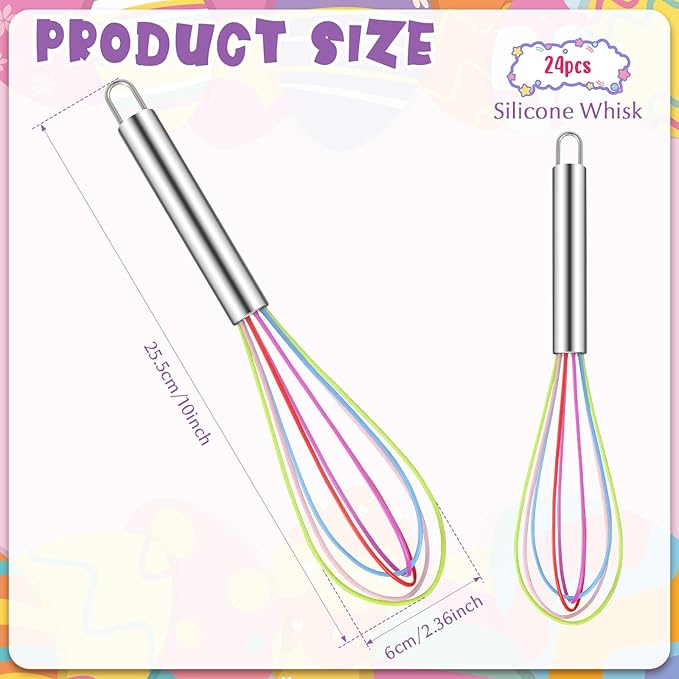 Domensi 24 Pcs 10 Inch Whisks Bulk for Cooking Silicone Whisks Non Scratch Stainless Steel Egg Beater Colorful Coated Metal Heat Resistant Egg Beaters for Valentines Day Party Favor Gift Supplies - Image 2