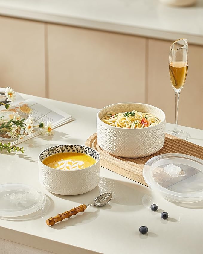 Metahom Ceramic Bowls with Lids Set of 2, Nesting Bowls for Work Lunch, Meal Prep, Food Storage Containers for Soup Salad Cereal, Microware & Dishwasher Safe, 6 & 7 Inch, 29 & 47 Oz, White - Image 3