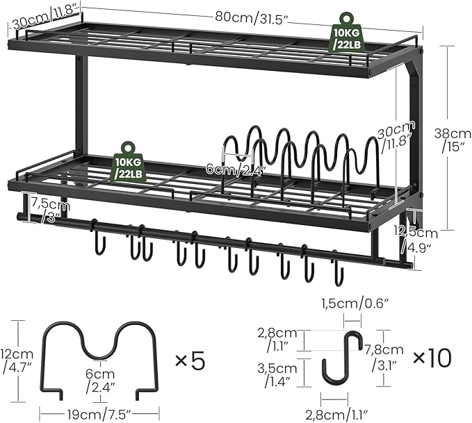 CHOEZON Pot Rack, Wall Mounted Pan Holder, 2-Tier Pot and Pan Organizer, Pot Hanger with 10 S-Shaped Hooks, Cookware Organizer with 5 Removable Metal Wire Dividers, Black TPR35BB - Image 5