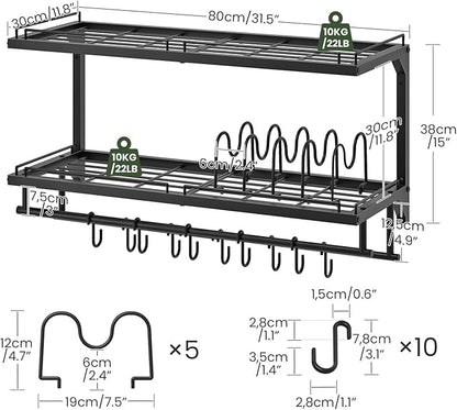 CHOEZON Pot Rack, Wall Mounted Pan Holder, 2-Tier Pot and Pan Organizer, Pot Hanger with 10 S-Shaped Hooks, Cookware Organizer with 5 Removable Metal Wire Dividers, Black TPR35BB - Image 5