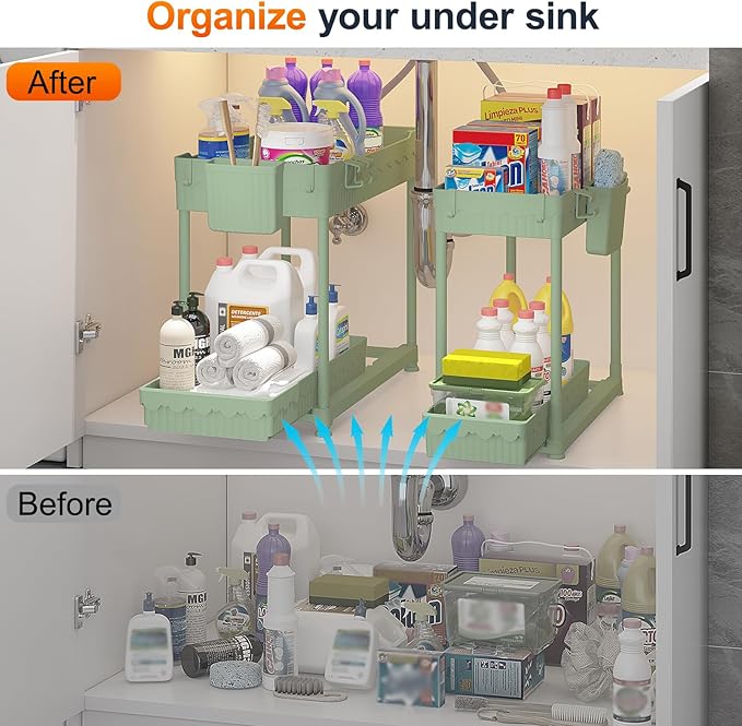 Sevenblue Under Sink Organizer, Bathroom Organizers and Storage, 2 Tier Multi-Use Pull Out Cabinet Organizer with Hang Hooks and Cups (Green, 4 Pack) - Image 3