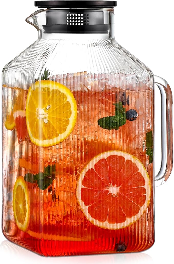 1 Gallon Square Glass Pitcher with Lid, Classic Stripes Water Pitchers for Fridge, Borosilicate Glass Carafe for Hot/Cold Brew Drink, Extra Large Jug with Handle for Iced Tea, Coffee, Juice, Black by Unknown