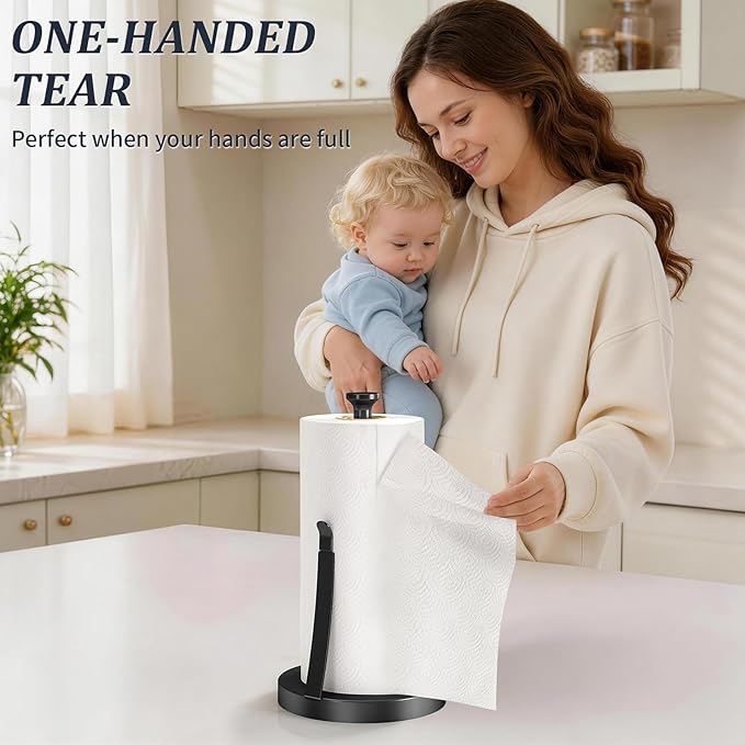 Jesginboo Countertop Paper Towel Holder for Kitchen, Stainless Steel Tension Arm for One-Handed Tear, Stainless Steel Paper Towel Holder Stand for Kitchen Bathroom, Black