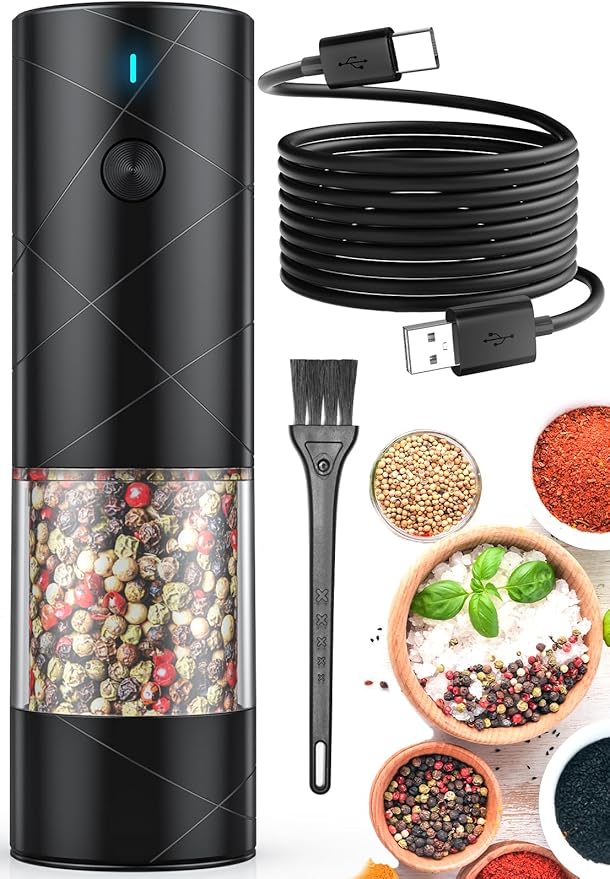 1Pc Electric Salt and Pepper Grinder USB Rechargeable with Warm LED Light, Adjustable Coarseness Lidaop Large Capacity Automatic Salt Pepper Mill Shakers for Kitchen, Restaurant, Outdoor, Black by Lidaop
