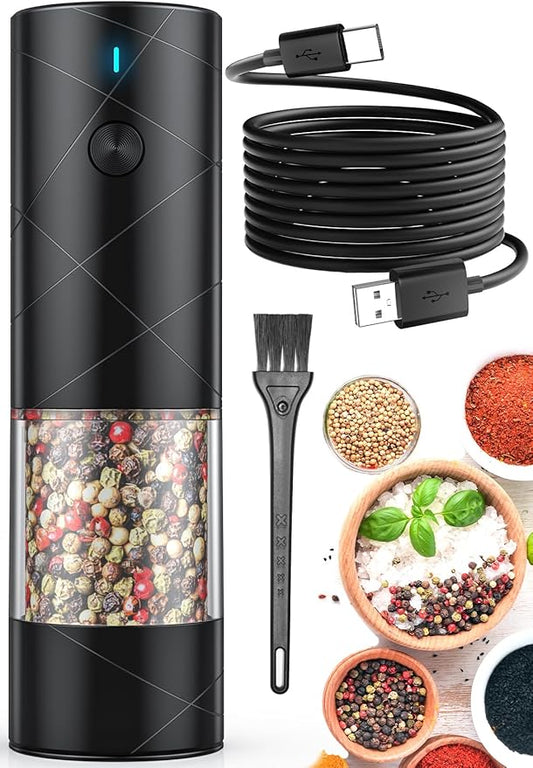 1Pc Electric Salt and Pepper Grinder USB Rechargeable with Warm LED Light, Adjustable Coarseness Lidaop Large Capacity Automatic Salt Pepper Mill Shakers for Kitchen, Restaurant, Outdoor, Black by Lidaop