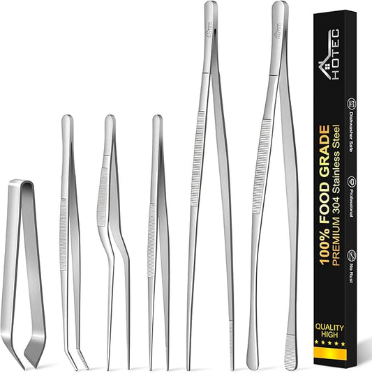 HOTEC Kitchen Tweezers Tongs Stainless Steel, Set of 6 - Professional Cooking Tweezers for Cooking, Chefs, BBQ, Seafood, Baking & Repair by Hotec
