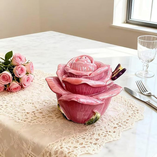 Ceramic Rose Spice Jars - 3D Hand-Sculpted & Hand-Painted Condiment Pots for Salt, Sugar, Pepper (Fuchsia)