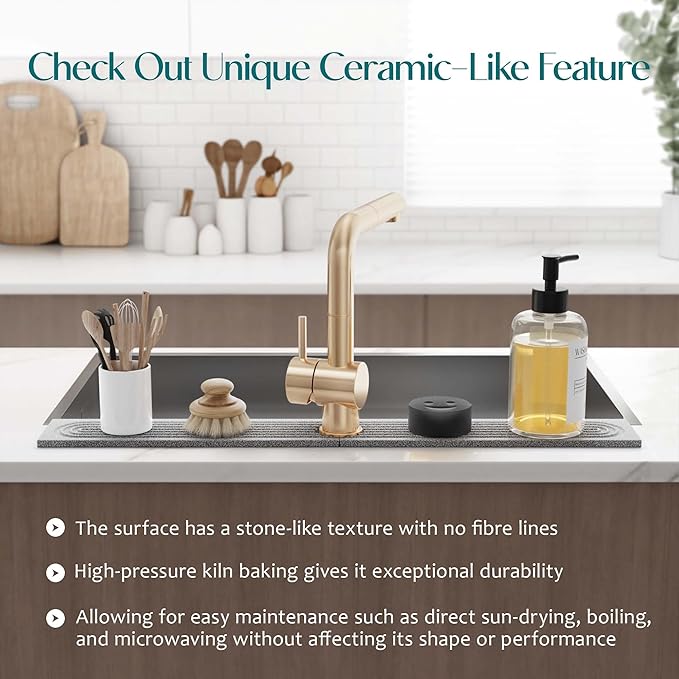 Stone Faucet Mat for Kitchen Sink, Diatomite Stone Drying Mat for Kitchen Counter, 2026 Upgraded Dishwasher-Safe & Ultra Absorbent, Chemical-Free Stone Dish Mat for Bottles Utensils (30" x 3.9") - Image 7