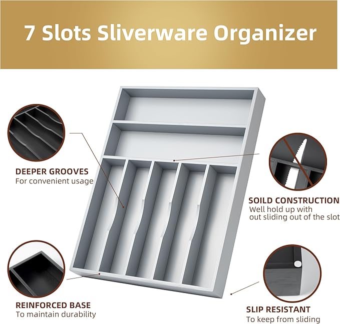 Besilord Silverware Organizer 13 Inch Gray Bamboo Kitchen Drawer Organizer 7 Slots Utensil Organizer Silverware Holder Cutlery Organizer Flatware Tray (Large) - Image 4