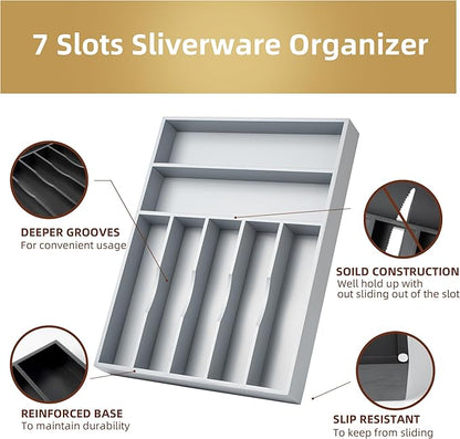 Besilord Silverware Organizer 13 Inch Gray Bamboo Kitchen Drawer Organizer 7 Slots Utensil Organizer Silverware Holder Cutlery Organizer Flatware Tray (Large) - Image 4