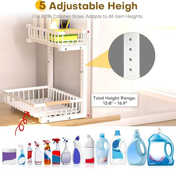 Under Sink Organizer, 2 Tier Pull Out Under-Sink Shelves, Adjustable Height (13.8" -16.9"), Sturdy Metal Storage Organizer for Bathroom Kitchen Pantry Cabinet (2 Packs, White) - Image 3