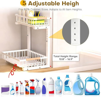 Under Sink Organizer, 2 Tier Pull Out Under-Sink Shelves, Adjustable Height (13.8" -16.9"), Sturdy Metal Storage Organizer for Bathroom Kitchen Pantry Cabinet (2 Packs, White) - Image 3