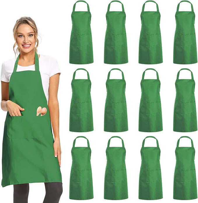 DUSKCOVE 12 Pack Plain Bib Aprons with 2 Pockets - Green Unisex Commercial Apron Bulk for Kitchen Cooking Restaurant BBQ Painting Crafting by DUSKCOVE