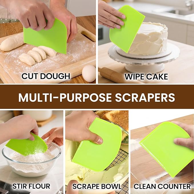 SCHVUBENR Dough Scraper Set with 2 Flexible Bowl Scrapers - Stainless Steel Dough Cutter & Bench Scraper with Measuring Scale - Versatile Kitchen Scraper for Bread, Pastry, Pizza, Cake - Black & Green - Image 5