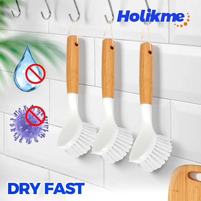 Holikme 3 Pack Dish Brush Set with Bamboo Handle, Kitchen Cleaner for Cleaning Pasta Plate, Salad Bowl, Scrubber with Soft Bristles, Blanco - Image 5