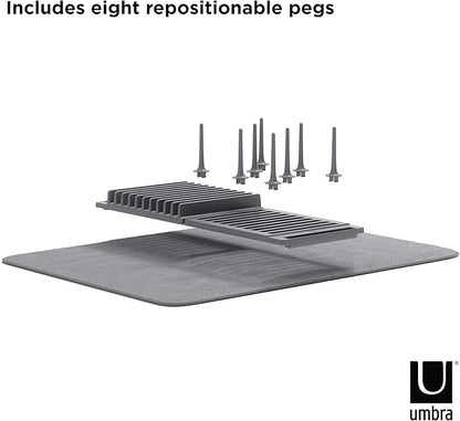 Umbra Udry Dish Rack with Movable Pegs and Microfiber Drying Mat – Space-Saving Design Folds Up for Easy Storage, Basic Rack, Dark Grey