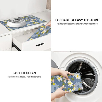 Daisy Flowers Dish Drying Mat for Kitchen Counter, 18"x24" Microfiber Absorbent Fast Dry Mat, 2Pcs Dish Mat Faucet Mats Sets, Large Drying Kitchen Mat Kitchen Drying Pad Coffee Bar Decor Gifts