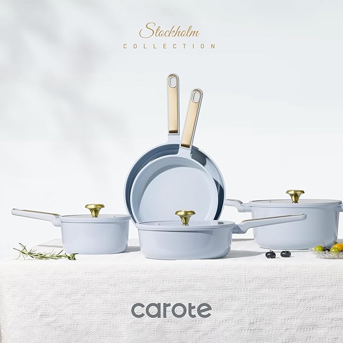 CAROTE Ceramic Cookware Set Nonstick, 14pcs Pots and Pans Set Nonstick, Non-Toxic & PFAS-Free, Dishwasher, RV/Camping Cookware Set, Cooking Pots with Lids, Pastel Blue - Image 7