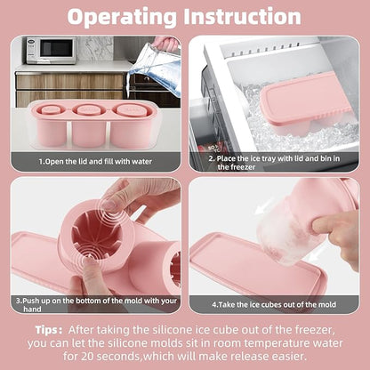 Tcamp Ice Cube Tray for 30 oz Tumbler Cup Ice Mold, 3 Pcs Silicone Hollow Cylinder Ice Tray with Lid and Bin for Freezer, Ice Drink, Juice, Whiskey, Cocktail (Pink)