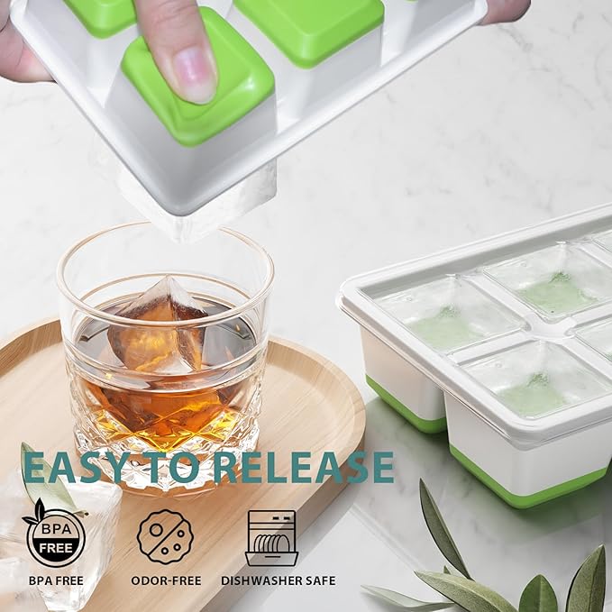 Optish Large Ice Cube Molds, 2 Pack Whiskey Square Ice Molds, 1.8 Inch Big Ice Cube Tray, Stackable Cocktail Ice Tray with Lid, Easy to Release (Green) - Image 5