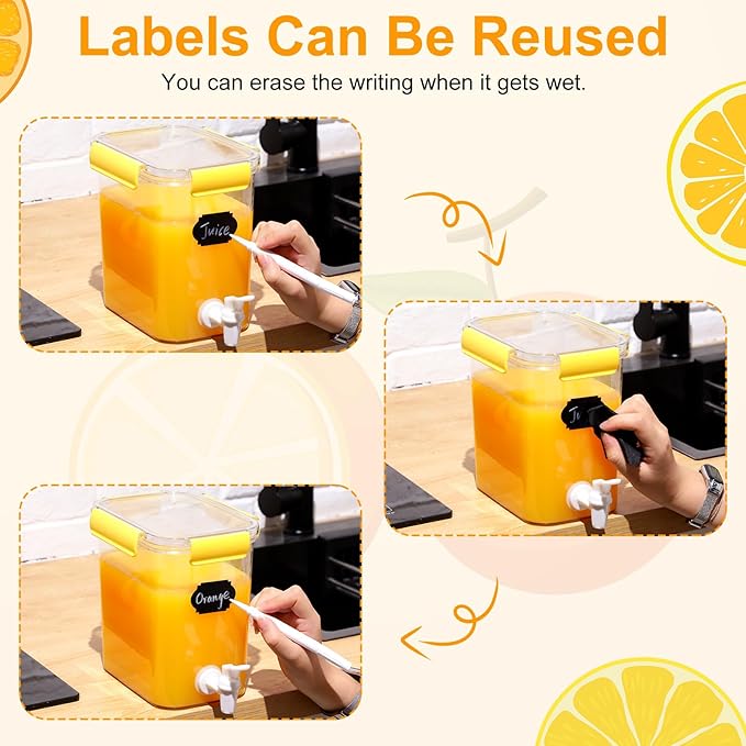 Mumufy 3 Set Plastic Drink Dispensers for Parties Beverage Dispenser for Fridge with Spigot Iced Juice Lemonade Container with Labels and Pens Summer Party Supplies(0.92 Gallon,Yellow) - Image 6