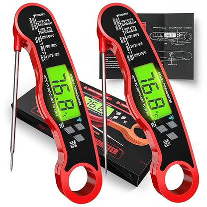 AWLKIM 2Pack Digital Meat Thermometer with Doneness Chart, 2-Sec Instant Read Food Thermometer for Cooking, Grilling, Oven, Air Fryer - Waterproof Backlit Magnetic Flip Probe - Red by AWKLIM