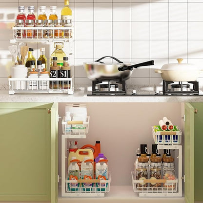 REALINN Under Sink Organizer, Height Adjustable 2 Tier Pull Out Cabinet Storage, L-Shaped Drawer Organizer for Kitchen Sink Organizer, Bathroom Organizers and Storage, Smooth Sliding Rails, White
