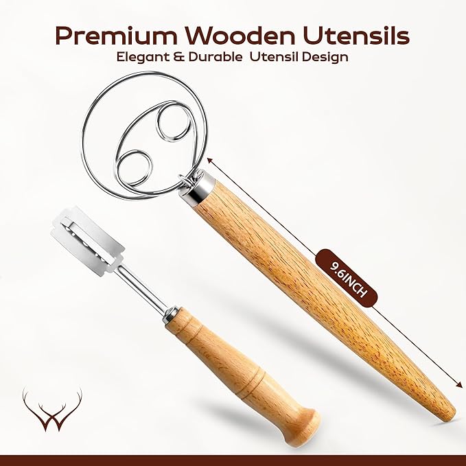 WOODLANDS USA Danish Dough Whisk for sourdough 13 Inch - 304 Stainless Steel Hook with Long Wooden Handle (Dough Whisk + Bread Lame)