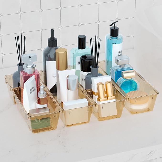 WOWBOX 6 Pack Clear Drawer Organizer Set, Acrylic Drawer Storage Trays, Storage Bins for Makeup, Cosmetics, Jewelries, Utensils, Gadgets, Office, Champagne - Image 7