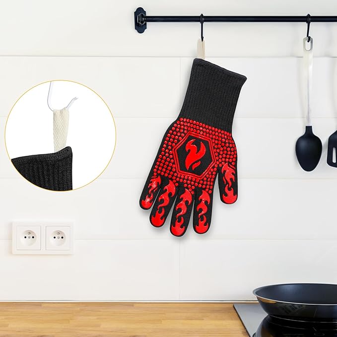 QUWIN BBQ Gloves, Oven Gloves 1472℉ Extreme Heat Resistant, Grilling Gloves Silicone Non-Slip Oven Mitts, Kitchen Gloves for BBQ, Grilling, Cooking, Baking-1 Pair… (One Size(Long Cuff), Red) - Image 4