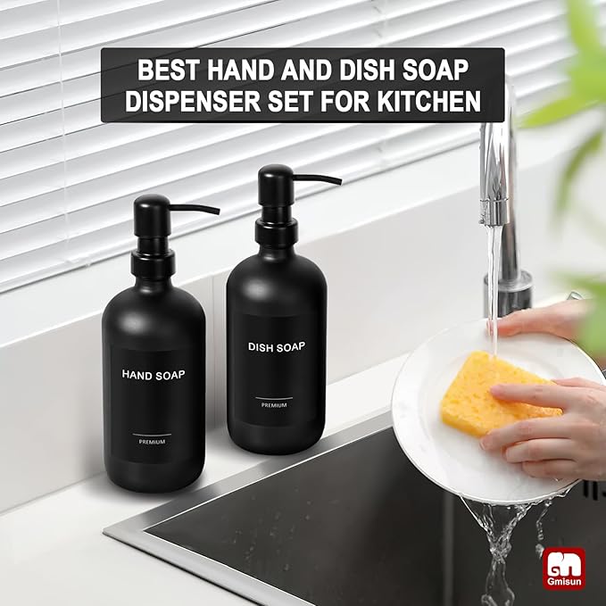 GMISUN Black Soap Dispenser, 2 Pack Matte Black Hand Soap Dispensers Bathroom with Stainless Steel Pump, 17 Fl Oz Glass Dish Soap Dispenser Set for Kitchen, Modern Liquid Soap Bottle with Labels - Image 6