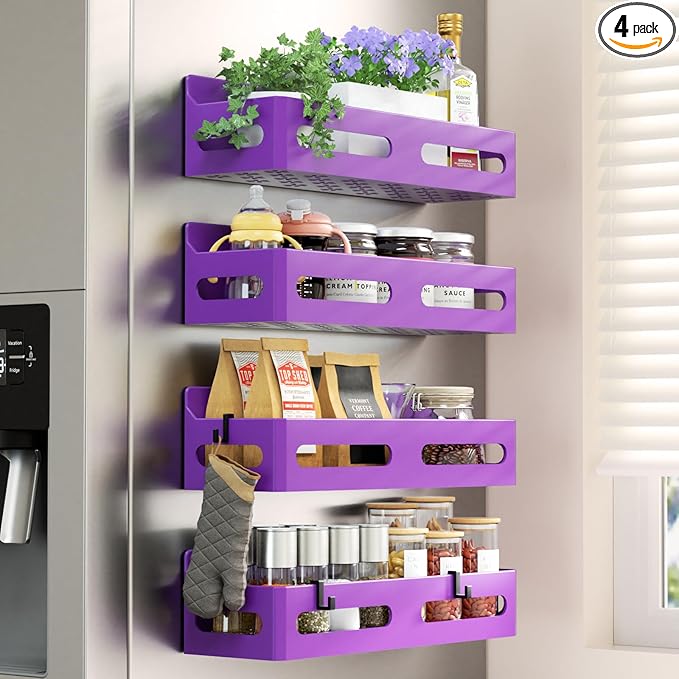 Sevenblue 4 Pack Strong Magnetic Spice Rack for Refrigerator, Multipurpose Magnetic Shelf for Fridge with 4 Hooks for kitchen and Bathroom Organization, Purple by Sevenblue