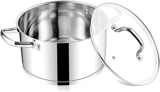 E-far 6 Quart Stock Pot with Lid, Stainless Steel Stockpot for Cooking Simmering Soup Pasta Sauce, with Tri-Ply Bottom & Visible Cover, Induction/Gas/Dishwasher Safe, Heavy Duty & Non Toxic by E-far