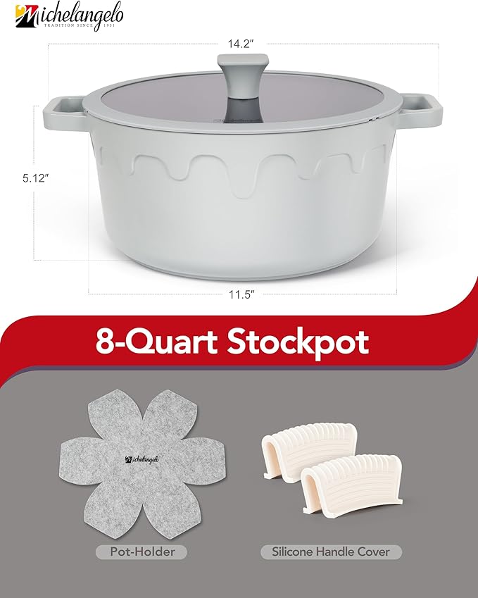 MICHELANGELO 8-Quart Soup Pot with Lid - Nonstick Large Ceramic Stock Pot for Induction Cooktop, 8qt Non Stick Cooking Pots with Silicone Handle Covers & Pot-Holder, Grey - Image 2