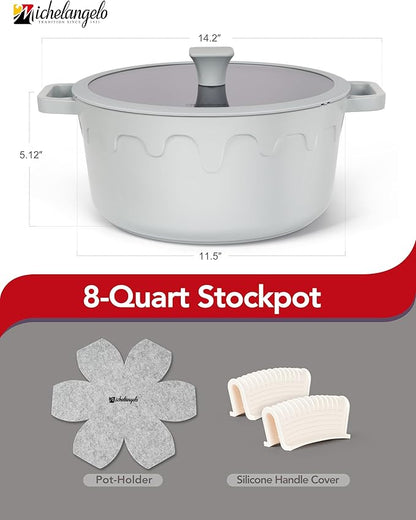 MICHELANGELO 8-Quart Soup Pot with Lid - Nonstick Large Ceramic Stock Pot for Induction Cooktop, 8qt Non Stick Cooking Pots with Silicone Handle Covers & Pot-Holder, Grey - Image 2